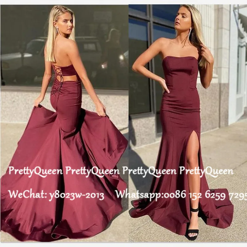 

Burgundy Mermaid Formal Evening Dress Sexy Side Split Lace Up Back Sweetheart Neck 2020 Long Prom Dresses Robe De Soiree