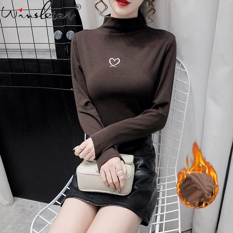 Thick T-shirt Women Brushed Cotton With Fleece Tshirt Tops Mock Neck Embroidery Loving Heart Long Sleeve Stretchy T09006A | Женская