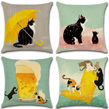 

45x45cm Cute Naughty Cat Series Pillowcase Natural Linen Pillowcase Household Car Pillow Dustproof Cover Textiles Products