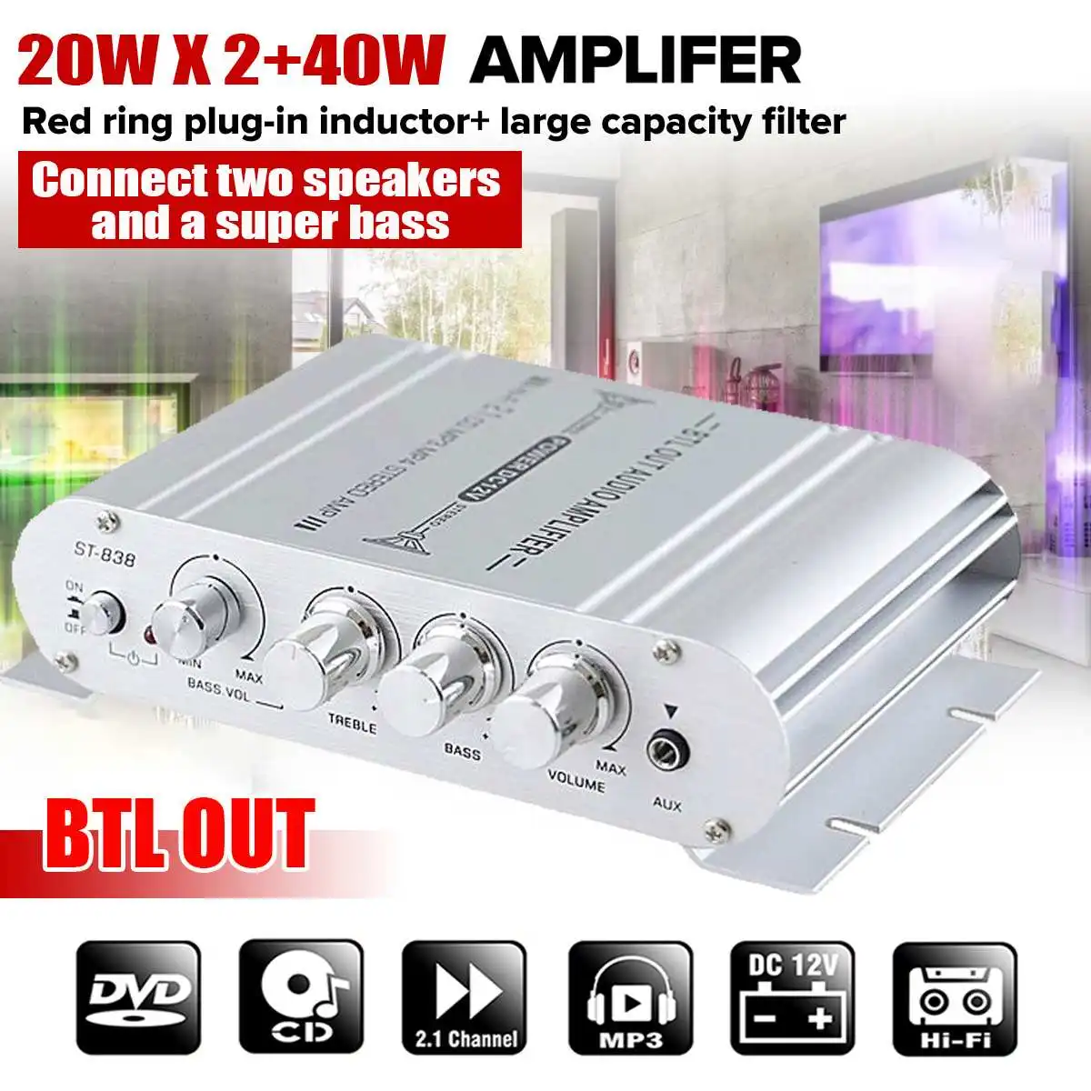 2.1CH 40W 2x20W Digital Car Power Amplifier Hi-Fi Stereo Bass Amplifier Audio Support Connection of 2 speakers And a Subwoofer