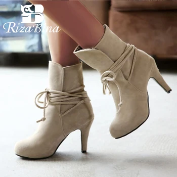 

RizaBina Women Warm Short Boots Winter Warm Thick Fur Shoes Women Fashion Thin High Heels Lace Up Platform Office Size 34-43