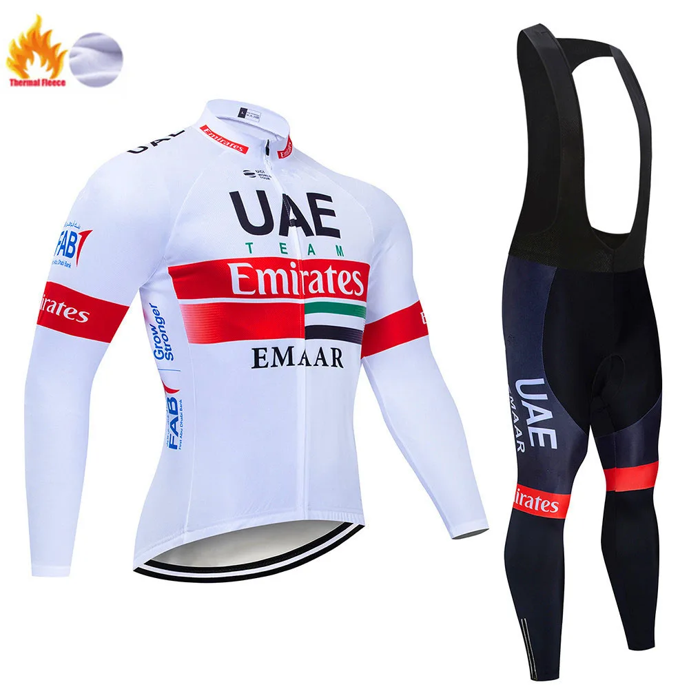 

New UAE Winter Thermal Fleece Cycling Jersey Set Maillot Ropa Ciclismo Long Sleeve Mountian Bike Wear Keep Warm Bicycle Clothing