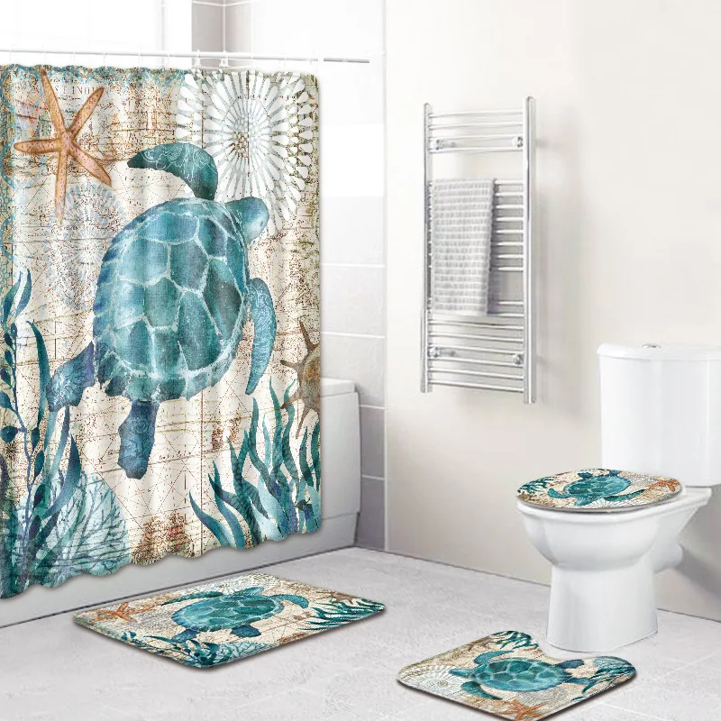 4Pcs/set Turtle Print Shower Curtain Carpet Cover Toilet Cover Shell Rugs Bath Animal Mat Pad Set Bathroom Curtain with Hooks
