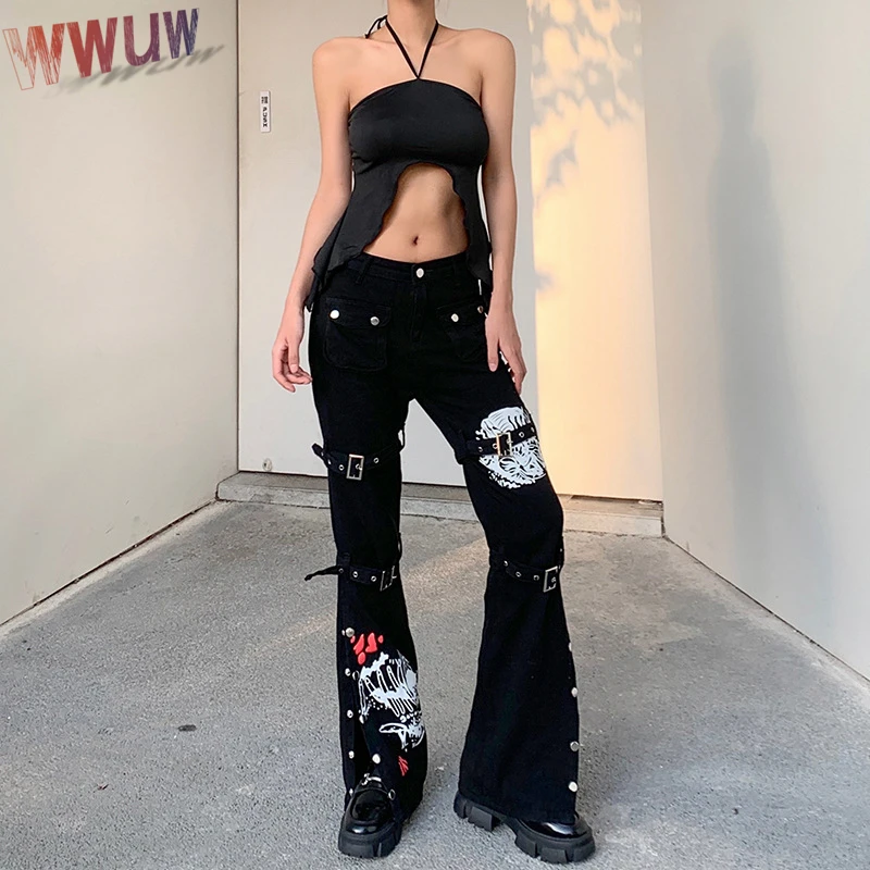 Y2K Punk Skull Print Black Buckle Pants Retro Harajuku High Waist Big Pocket Trousers Goth Mall Grunge Cargo Techwear Loos | Женская