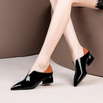 

Jouir Talons Elegant Pointed Toe Patent Leather Hoof Heels Office Ladies Mules Woman Shoes Women Pumps