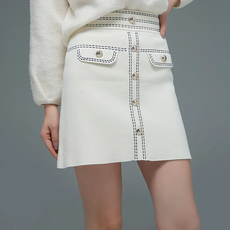 

Women Knitted Skirt With Buttons Casual Feamel Clothes Lady White A Line Mini Skirt