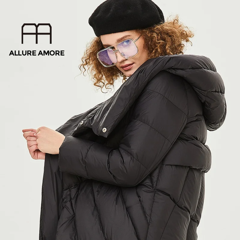 AllureAmore зимняя куртка-пуховик для женщин, длинное пальто, теплые парки, Толстая Женская теплая одежда высокого качества