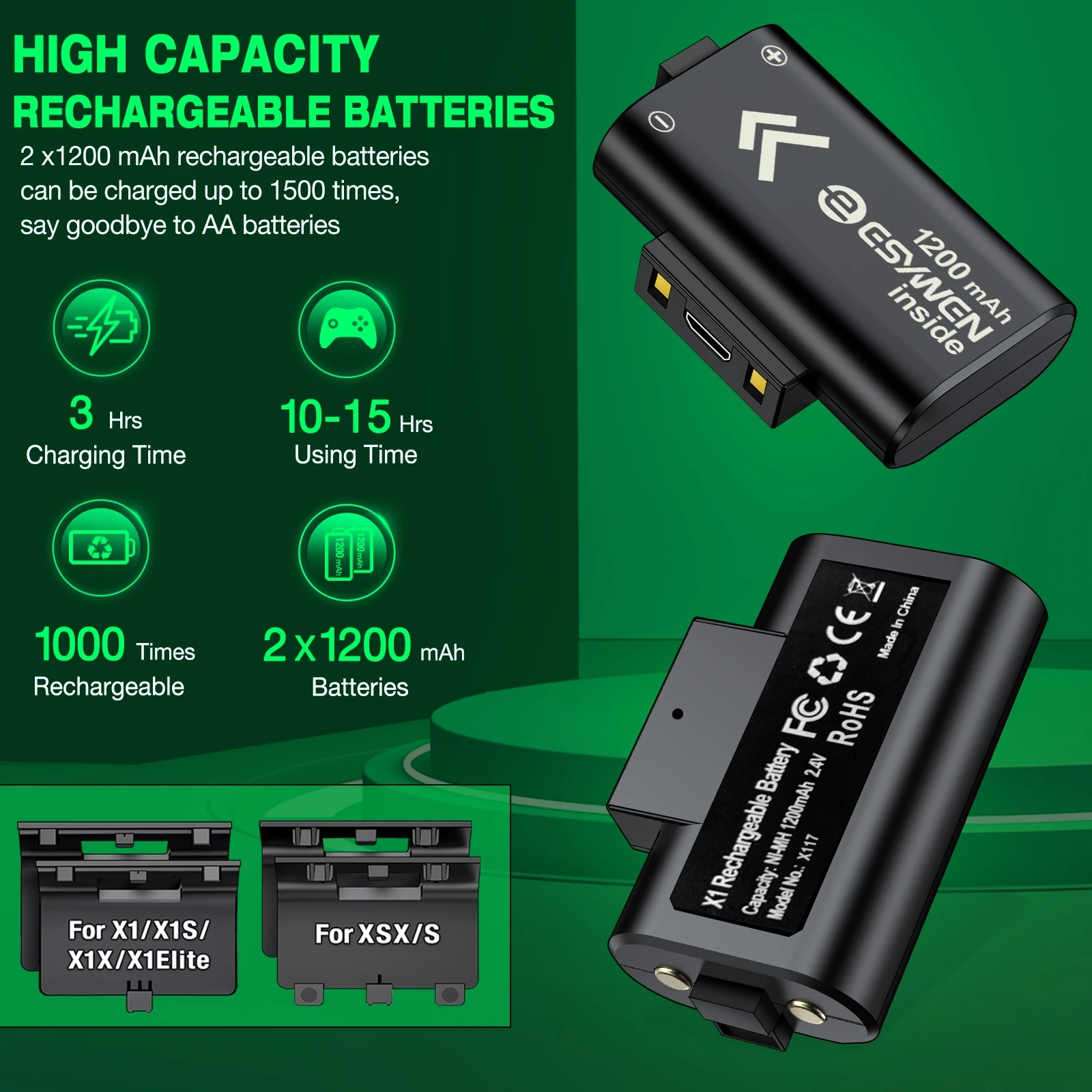Baterias Recarregáveis para Xbox Series x s Xbox um x s Mais Tampas de Bateria para Xbox um Kit Carregador com Cabo Usb 2x1200mah - Image 3