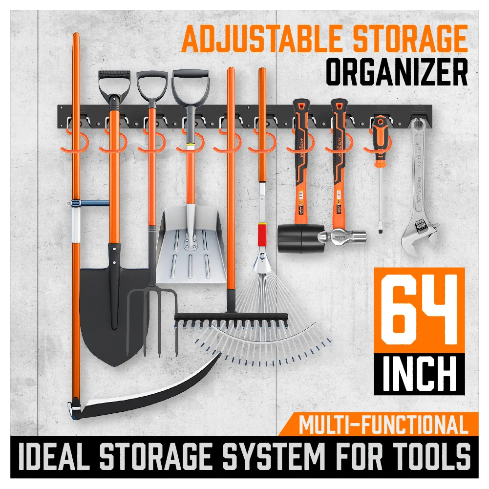trolley tool box HORUSDY 64 Inch Adjustable Storage System, Wall Mount Tool Organizer, Tool Hangers for Mop and Broom Holder Shovel, Rake, Broom, tech tool bag