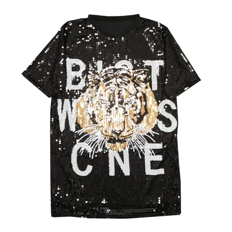 CHIC-T-shirt à paillettes pour femme, haut long punk, t-shirts en