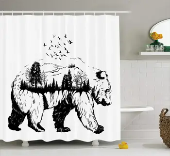 

Hand Drawn Bear Double Exposure with Forest Trees Flying Birds Concept Art Bathroom Decor