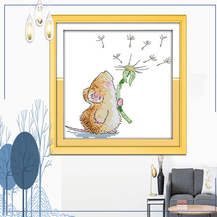 

Small Pattern Cross Stitch Embroidered Mouse with Dandelion New Style Handmade Embroidered DIY Material Box Customizable Figure