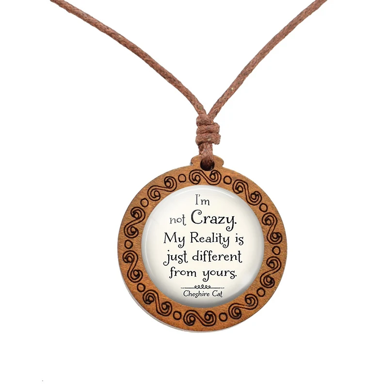 

We're All Mad Here - Alice Quote Necklace Wooden Glass Pendant Rope Chain Necklace Cosplay Jewelry
