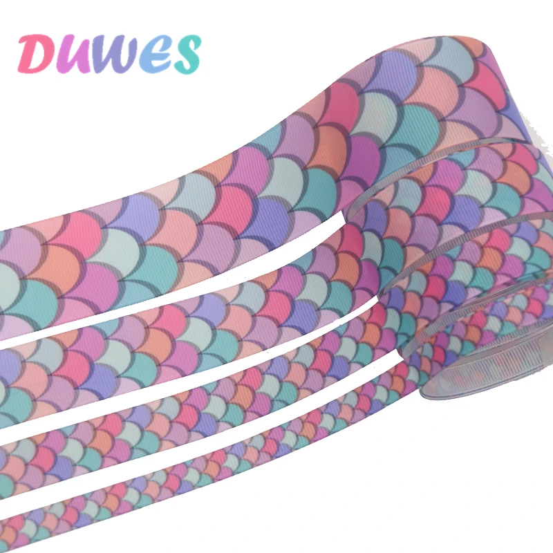 

DUWES 4 sizes options 50yards fish scales Printed Grosgrain Ribbon Accessory Hairbow Headwear Decoration DIY Wholesale D1337