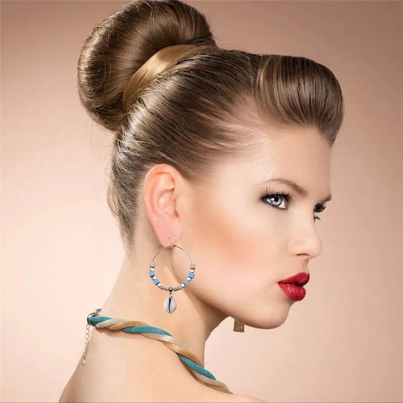 

Color Bohemian Natural Beach Shell Woman Round Wood Earrings Hoop Earring Natural Shell Earring Ring Ear Nails Woodiness