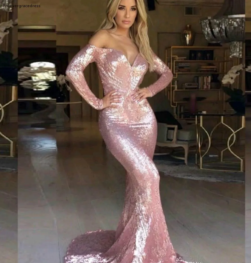 

Блестящие Розовые золотые платья с блестками для выпускного вечера, платья с открытыми плечами и длинными рукавами, вечерние платья