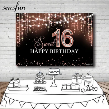 

Sensfun Photography Backgrounds Black Shiny Rose Gold Diamond Drop Girls Sweet 16 Birthday Party Backdrops Custom Photocall