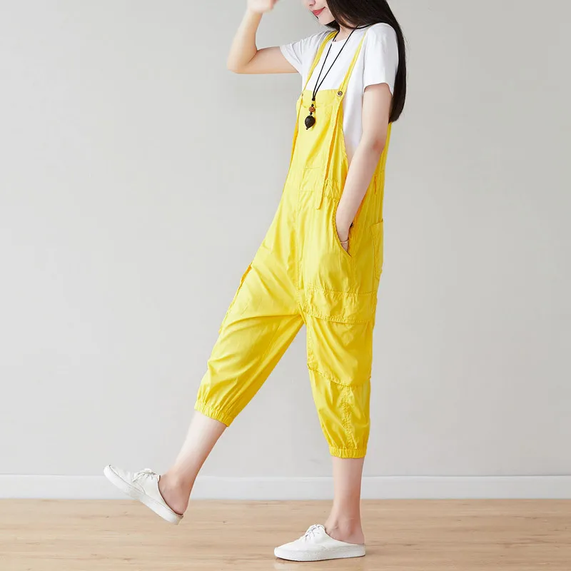 Cargo Pants Mujer Streetwear Women Plus Size Overalls Casual Calf-length Trousers Side Buttons Elastic Bunch Bottom with Pockets