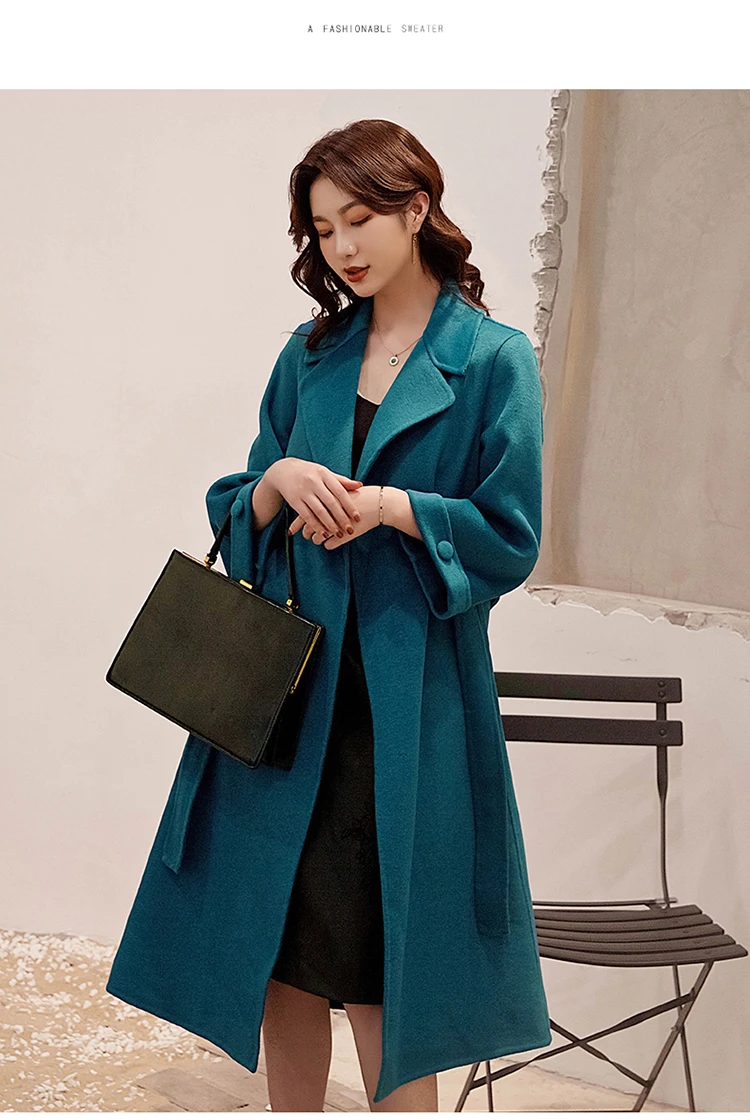 LHZSYY 2019Autumn Winter New Women Double-sided Woolen Coat Fashion Slim Pure Wool lacing Long Thick Warm Cashmere Cardigan Coat