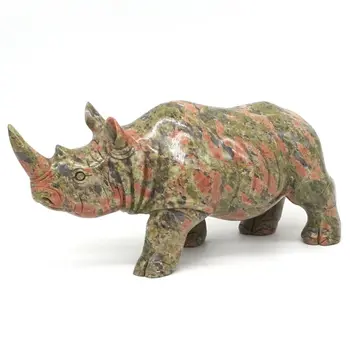 

Rhinoceros Statue Natural Gemstone Unakite Crystal Carved Animal Figurine Decor 7.3"
