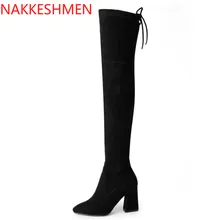 Новинка года; сезон осень-зима; эластичные сапоги на высоком толстом каблуке с шипами; Сапоги выше колена