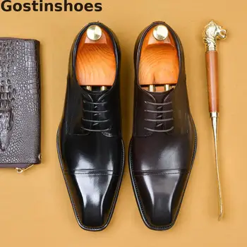 

Square Toe Men Shoes Oxfords Black Brown Genuine Cow Leather Dress Shoes Lace-up Capped Toe Formal Shoes For Wedding Office