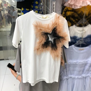 

2020 Summer T-shirt Fashion Star Lace Short Sleeve T-shirts Female Student T Shirts Tops Loose Tshirt White Grey