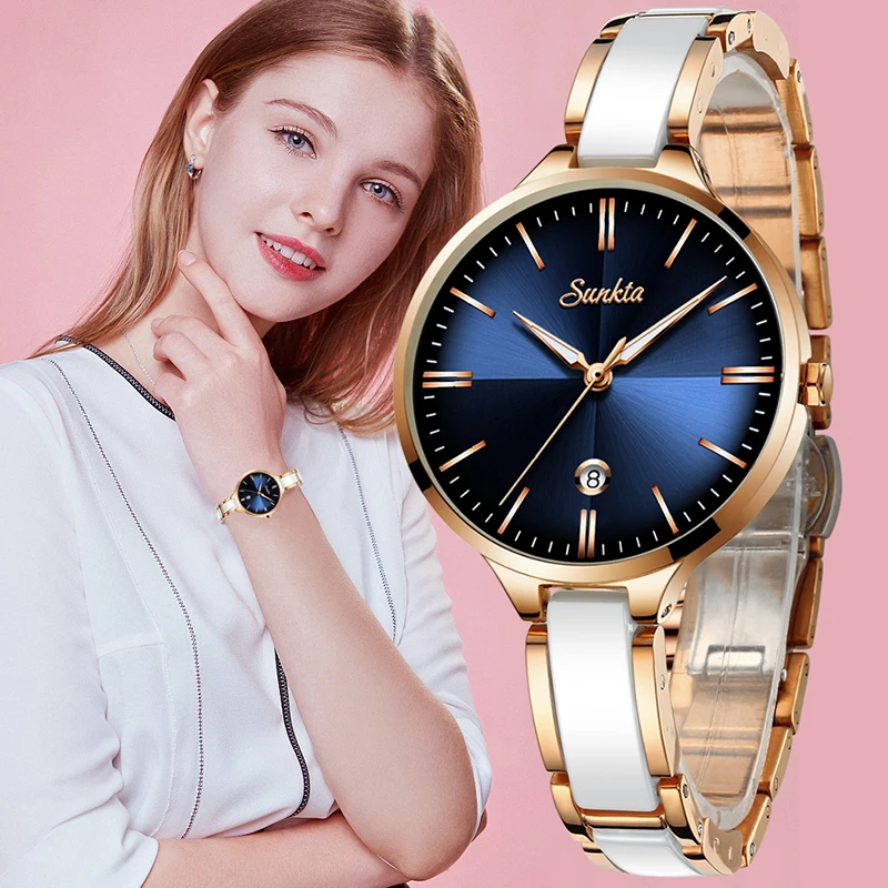 Reloj Mujer SUNKTA креативные простые кварцевые женские часы керамические часы-браслет