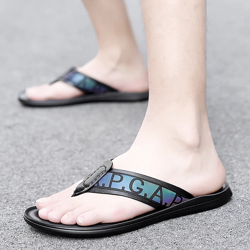 

Summer Beach Casual Shoes For Men Luxury Brand Flip Flops Mens Fashion Beach Slippers Men Brown Black Man Leather Slippers