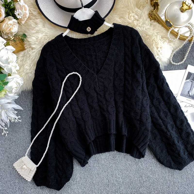 ALPHALMODA Модный женский свитер с воротником-хомутом, пуловер с вырезом в виде буквы V, СВОБОДНЫЙ Модный короткий Стильный свитер, джемпер, наряд