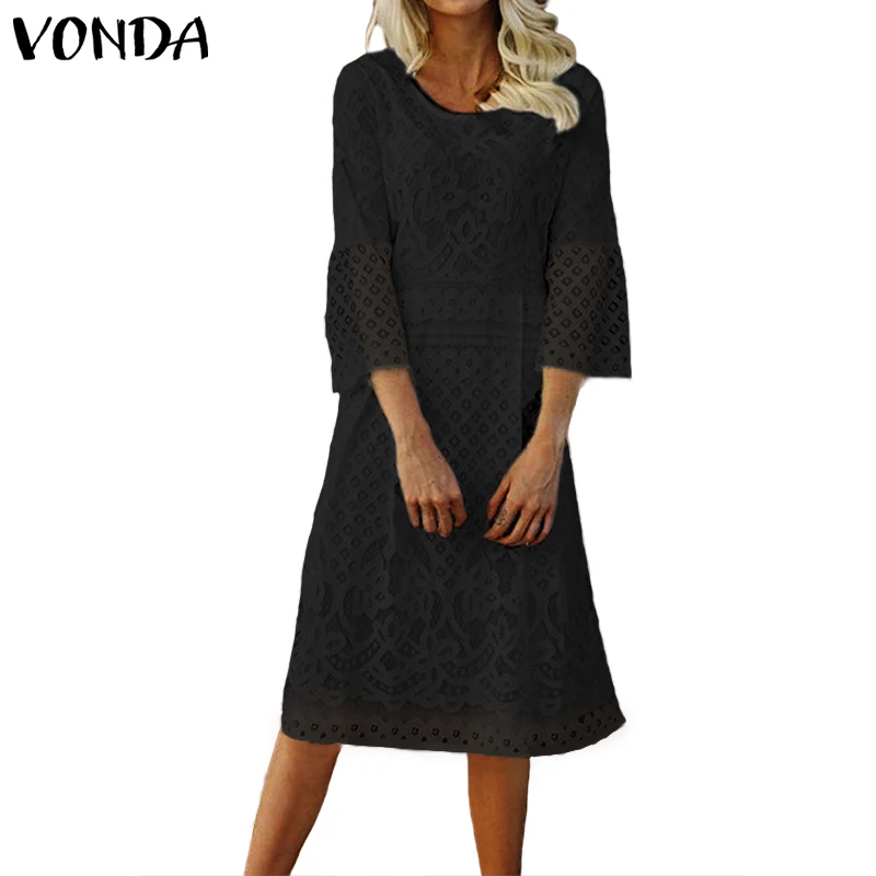 VONDA, женское богемное платье,, летнее, сексуальное, 3/4, с расклешенными рукавами, сарафан, повседневные, свободные, вечерние, Vestidos размера плюс, для девушек, Одноцветный Халат