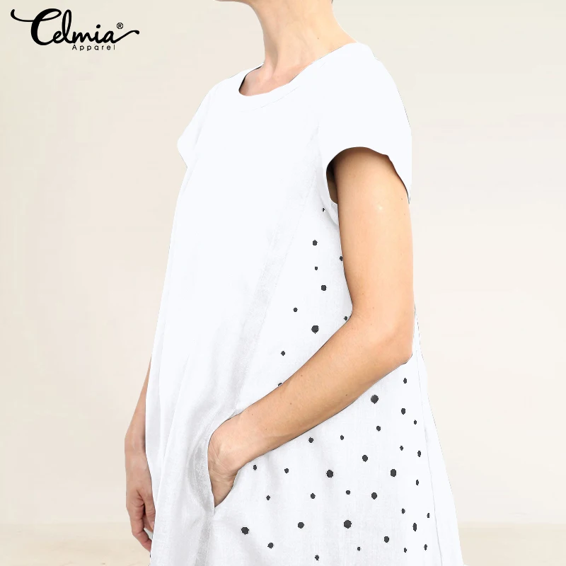 Celmia Women Dot Print Vintage Long Dress Ladies Short Sleeve Casual Loose Pockets Summer Beach Vestidos Robe Plus Size 5XL