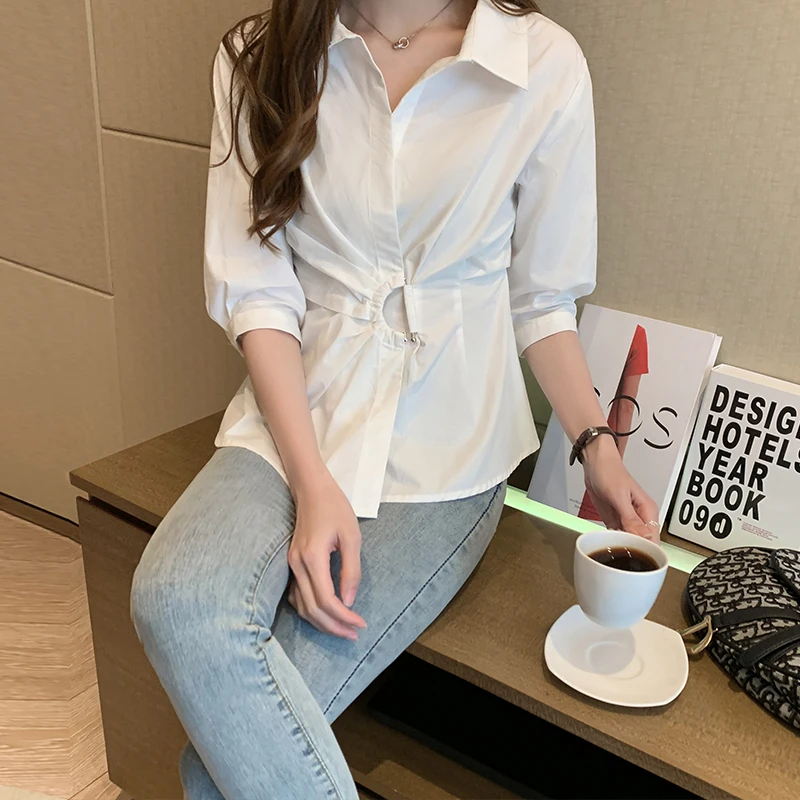 Офисная Женская белая рубашка Новинка лета 2020 Повседневная со средней талией| |