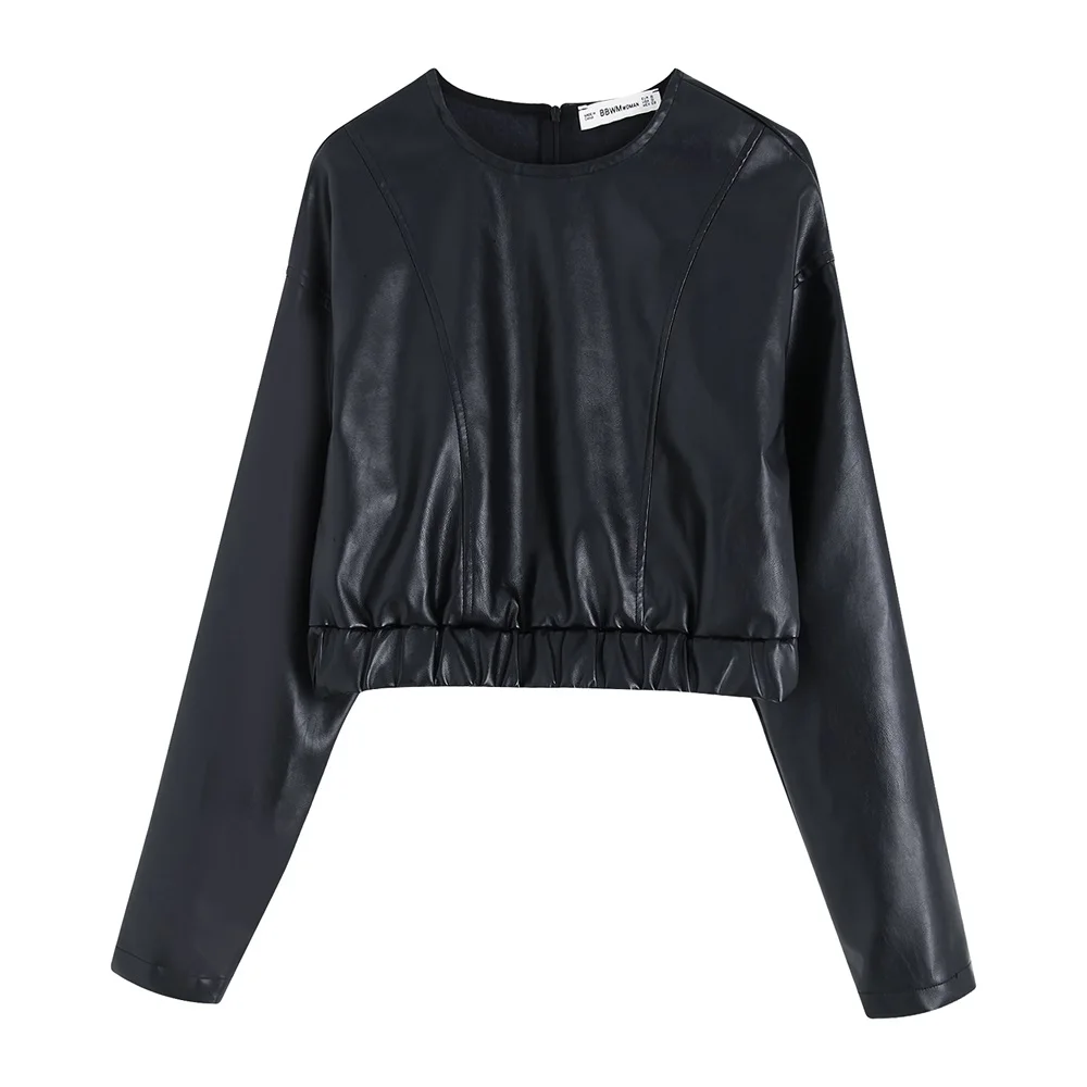 

Fall 2019 New Heavy Industry Water-washed PU Leather Round-collar Sleeve Short-style Leather Jacket