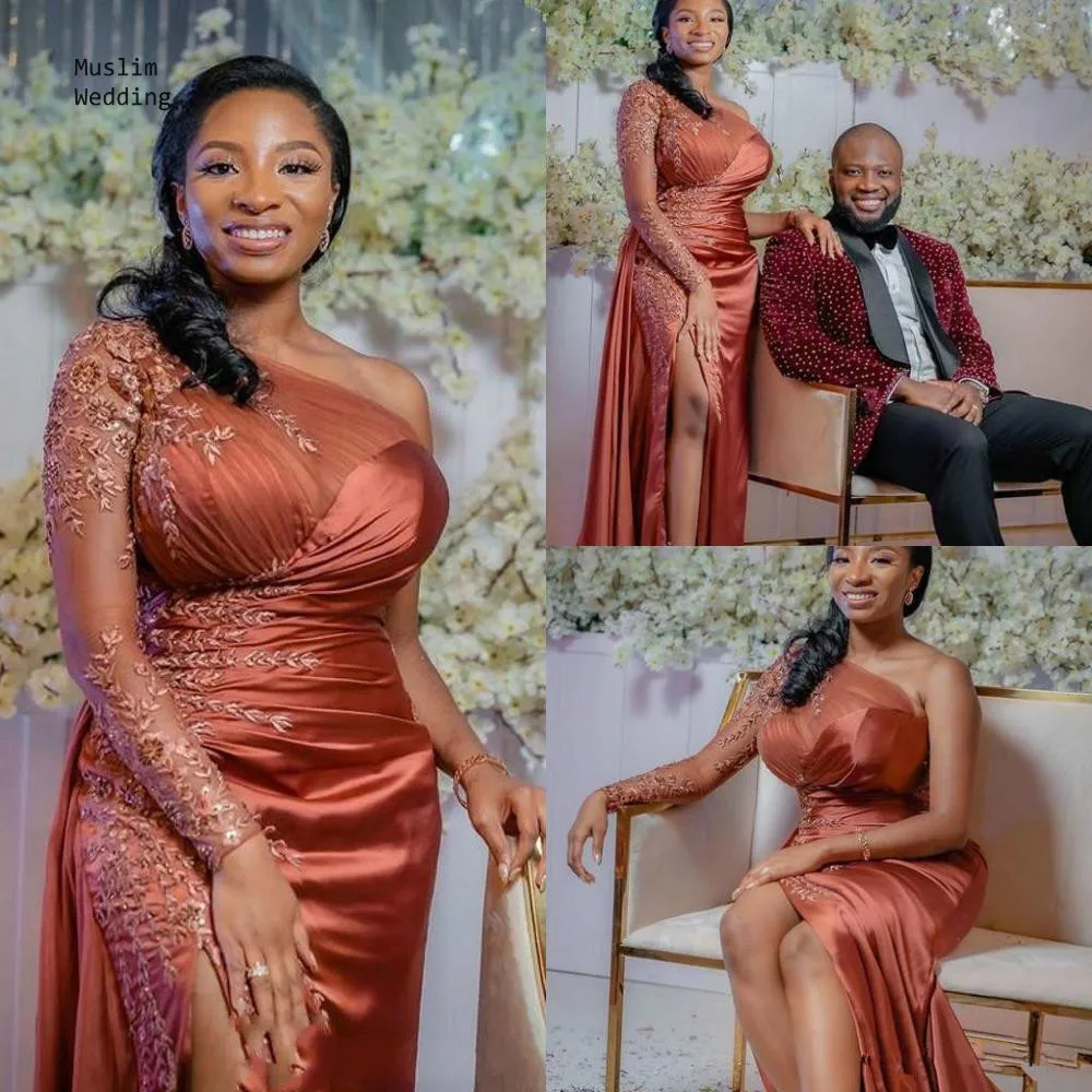 

Elegant Plus Size One Shoulder Evening Dress Orange Slit Silk Satin African Prom Dress 2020 Floor Length Long Women Party Gowns
