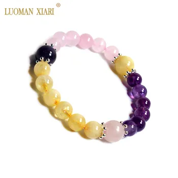 

AAA 100% Natural Round Stone Beads Crystal Bracelet Rose Quartzs Amethysts Citrines Elastic Jewelry For Women Girlfriend Gift