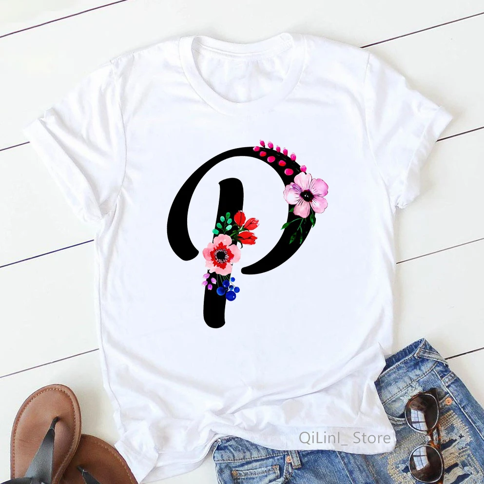 

New 26 Alphabet Letters T Shirt Women Lovely Flowers A To Z Printed Tshirt 90s Graphic Tee Female Tumblr Clothes Drop Ship