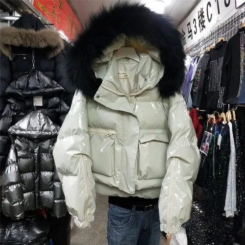 Зимняя короткая парка, уличная парка, женская новая Корейская версия, большой воротник из искусственного меха, пуховик с подкладкой, плотное пальто, свободная куртка - Цвет: Слоновая кость