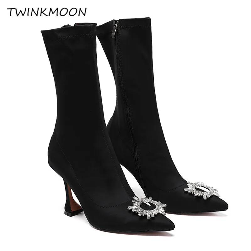 Crystal Buckle Booties Woman Shoes Black Red Knitting Stretch Runway Fashion Autumn Women's ankle boots High Heels