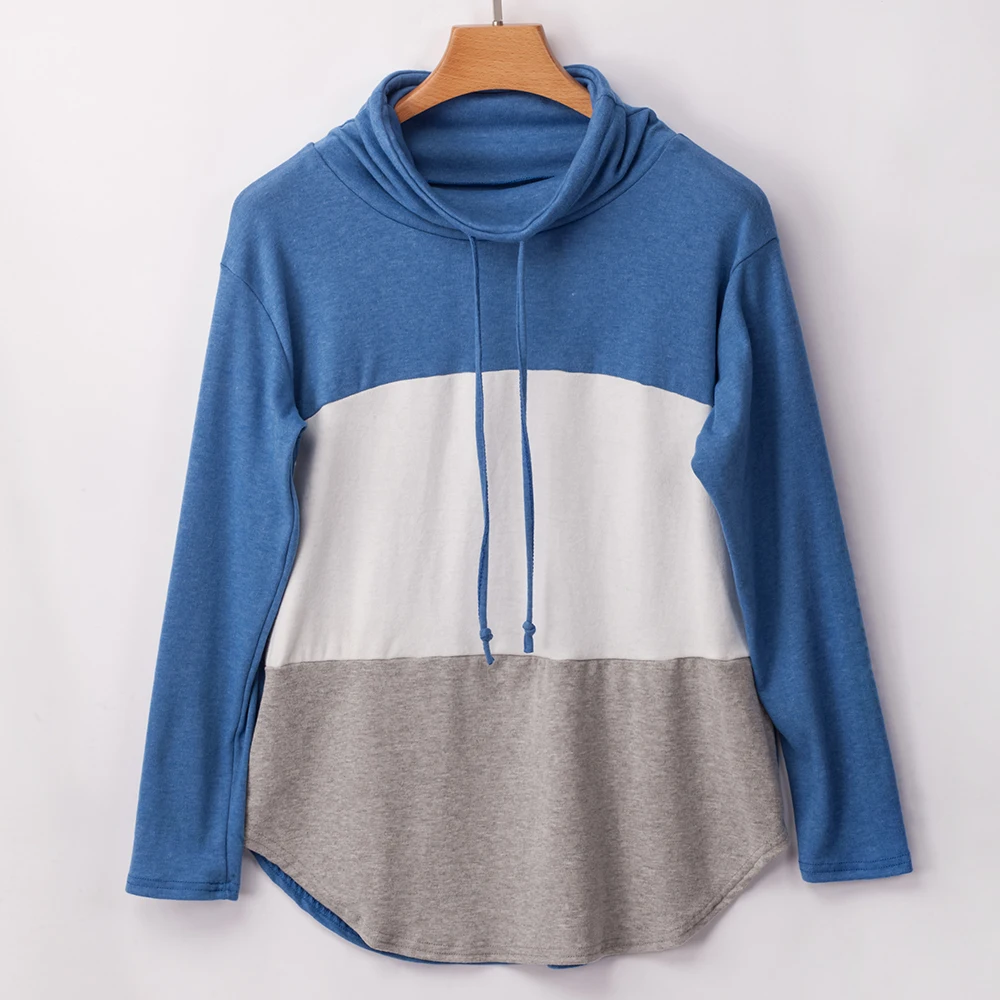 light blue Высокий воротник модные худи и толстовки для женщин в полоску повседневные толстовки в стиле пэчворк нерегулярные женская кожаная обувь куртки осень женская одежда - Цвет: light blue