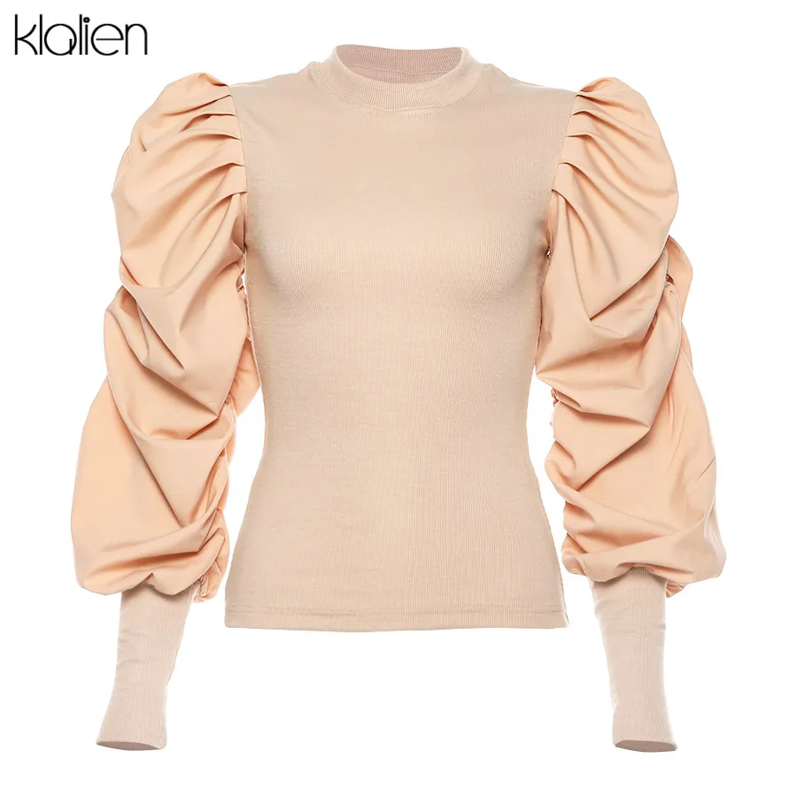 KLALIEN autumn retro French romantic knitting Special sleeves top women office lady high street Elegant fashion shirt mujer - Цвет: Хаки