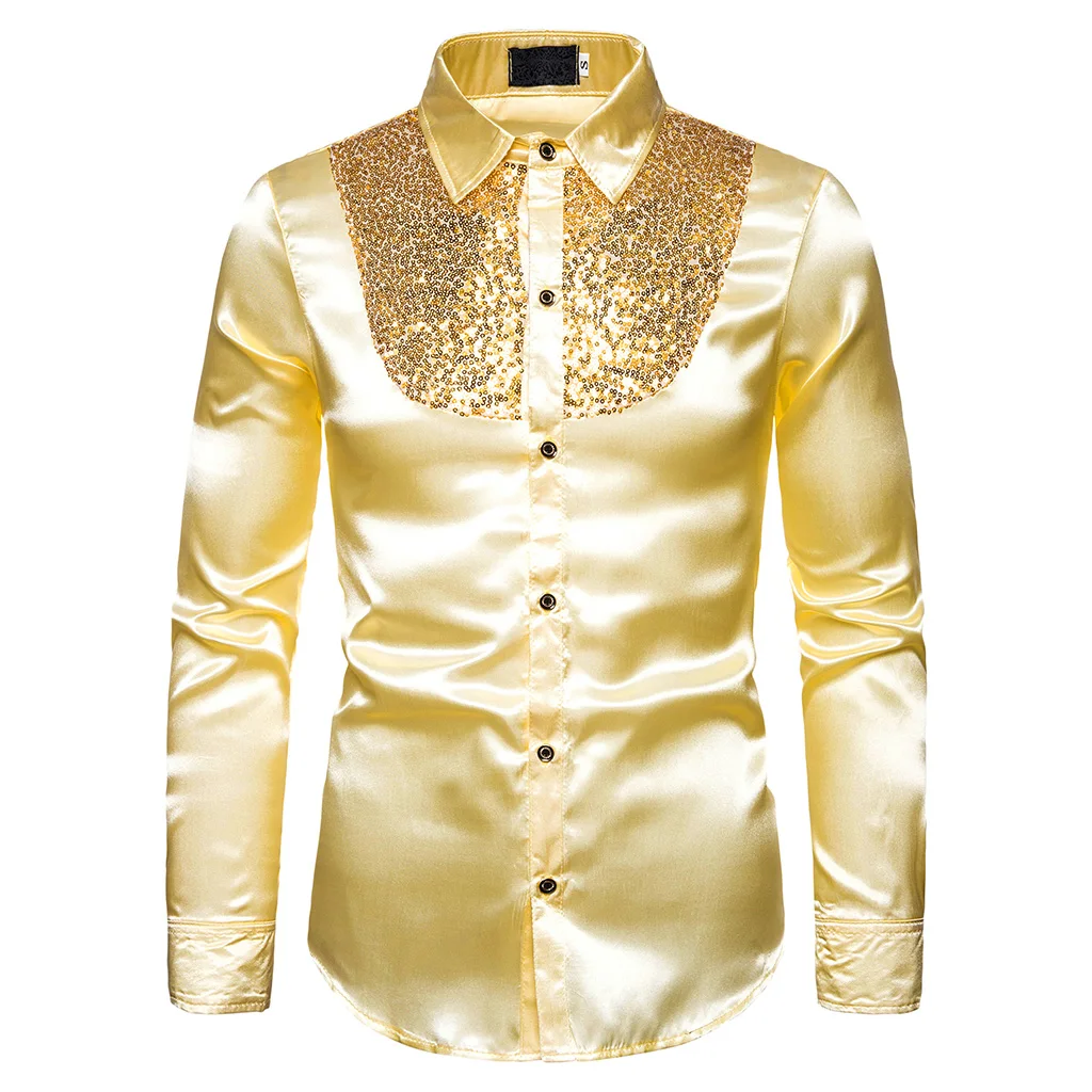 Новая мужская блестящая приталенная рубашка с отложным воротником для свадьбы, выпускного, приталенная Мужская DJ Клубная сценическая блуза