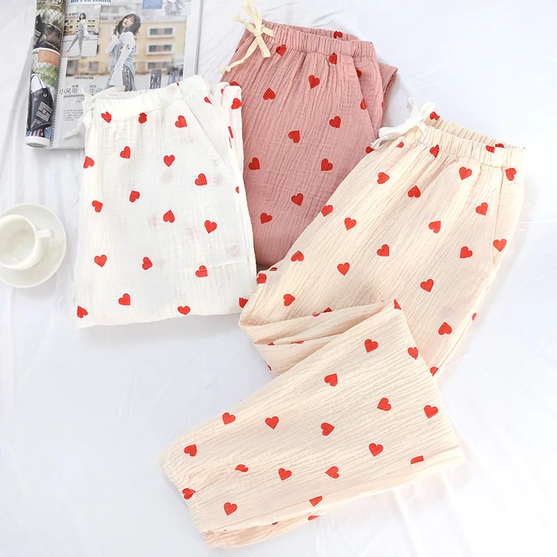 Spring and Summer Women's Home Pants Women Cotton Double Gauze Thin Sleep Pants Sleep Bottoms Casual Red hearts Printing Pyjamas Spring and Summer Women's Home Pants Women Cotton Double Gauze Thin Sleep Pants Sleep Bottoms Casual Red hearts Printing Pyjamas