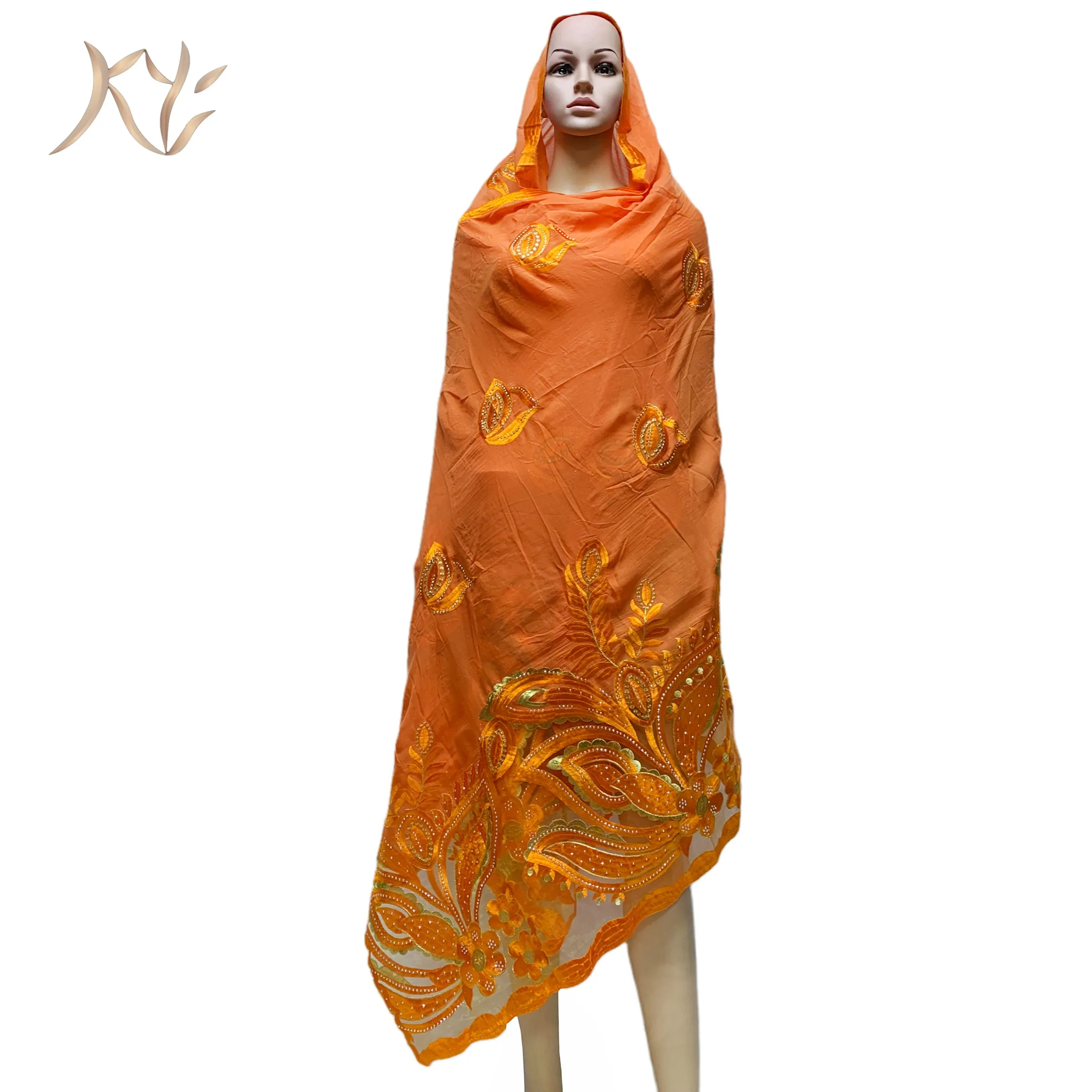 Hot Sale Muslim  African Women Dubai Scarf Big Size Embroidery Cotton splicing with Net Women Hijab Scarf  Sc-61