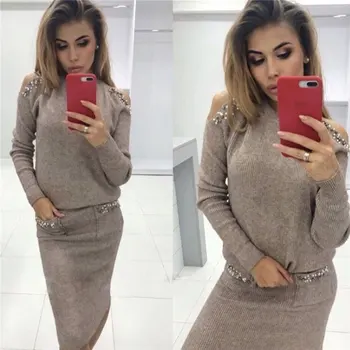 

2020 Sweater Dress Suit & Set Women Long Sleeve Casual Khaki Pullover Spring Autumn Knitted Dresses Pearls Pocket Costume