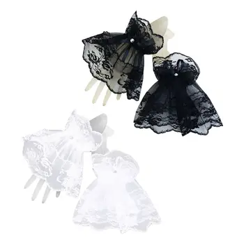 

Women Black Lace Wrist Cuffs Bracelets Wedding Rhinestone Bow Fingerless Gloves new