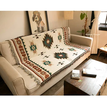 

Indian Beach Multi-functional Knit Blanket National Wind Retro Pattern Cotton Woven Couch Wall Decor Sofa Blanket 90x150cm