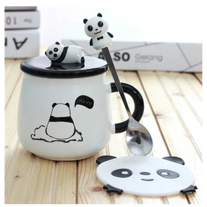 Ins, милая панда, 500 мл, керамическая чашка для кофе, молока, чая с крышкой, ложка, микроволновая печь, кружка для молока, посуда для завтрака