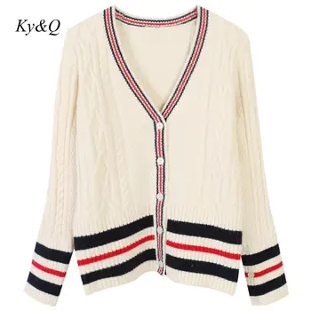 

Runway Design 2019 Autumn Winter New Women Office Cardigans V-neck Contrast Color Striped Patchwork Long-sleeved Loose Sweater