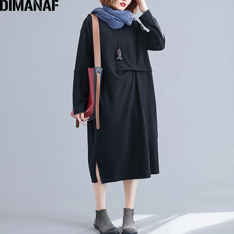 

DIMANAF Plus Size Women Dress Autumn Long Sleeve Fold Basic Casual Big Size Female Lady Vestidos Loose Knitting Dress Thin 2019